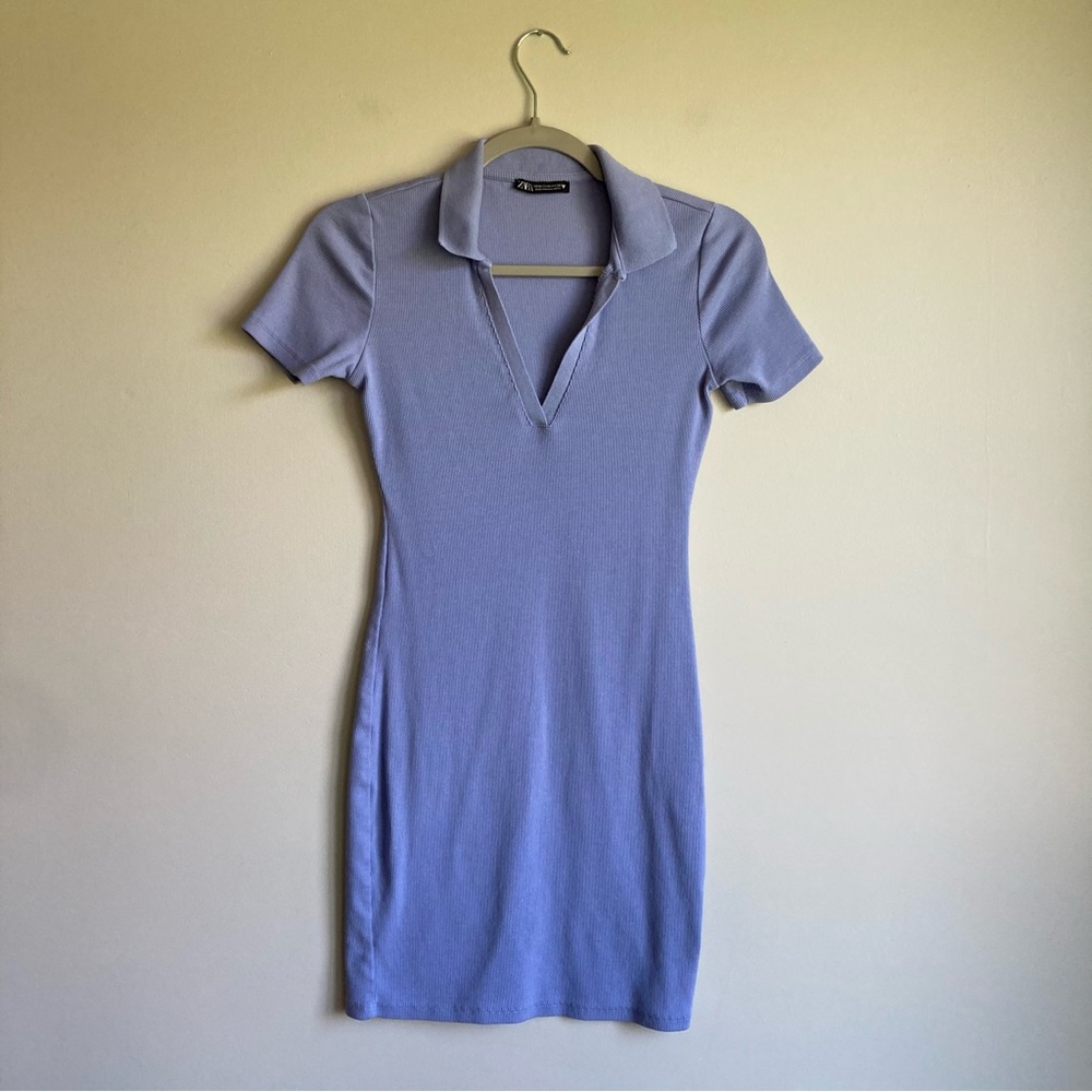 Zara Periwinkle Ribbed Knit Polo Fitted Dress M
